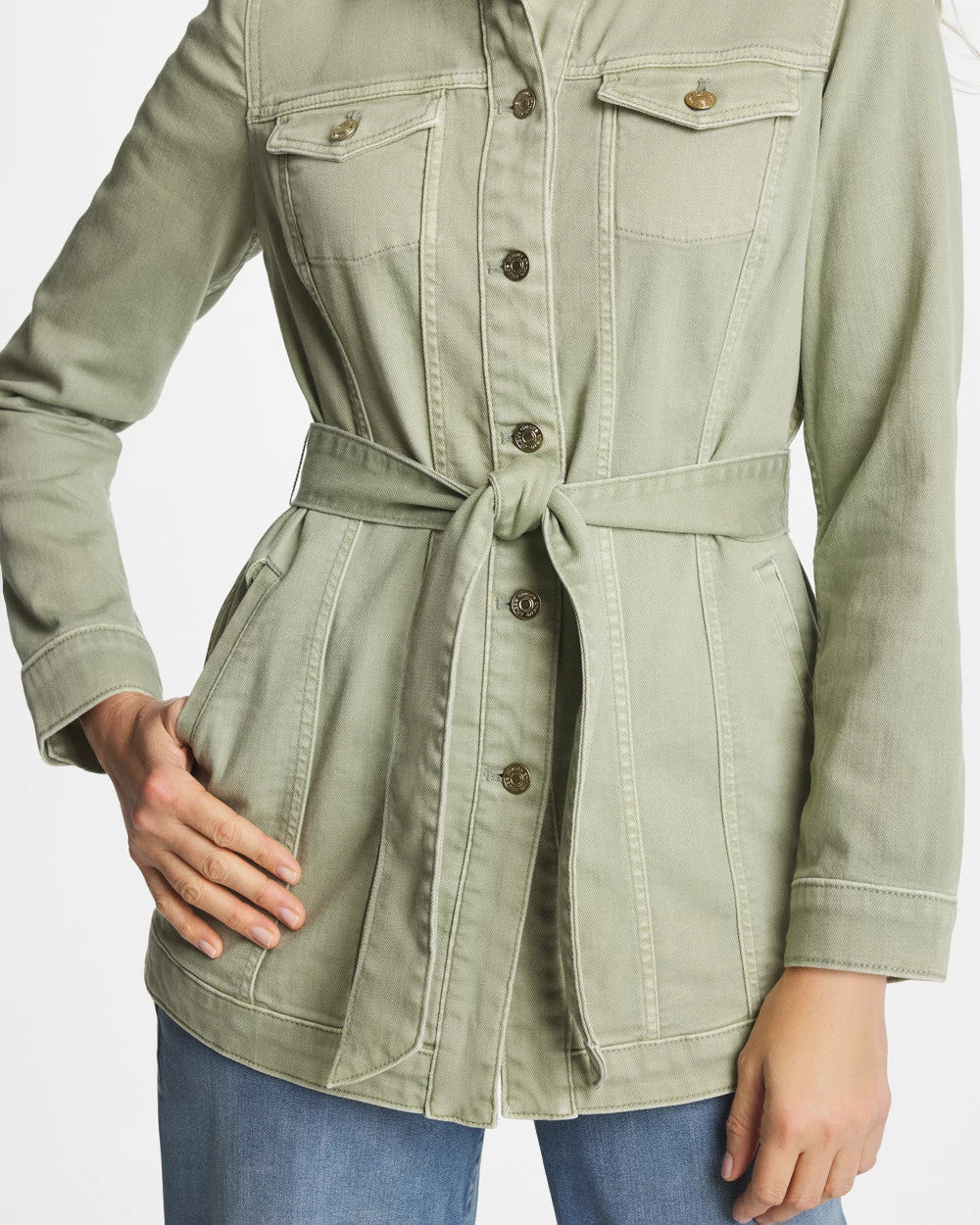 Chico's On Sale Seagrass Green Elongated Belted Denim Jacket