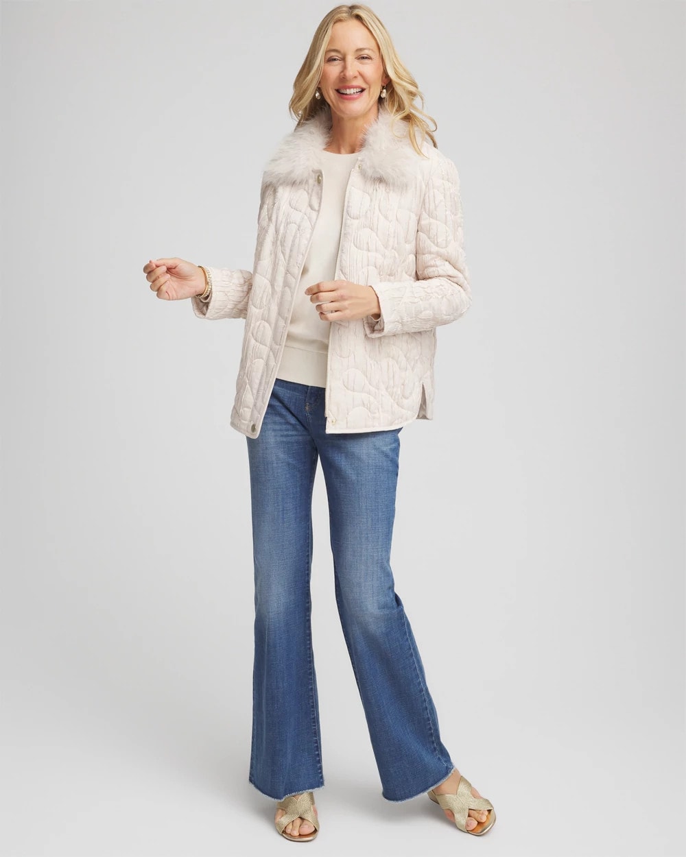 Chico's For Sale Cream Quilted Faux Fur Collar Jacket