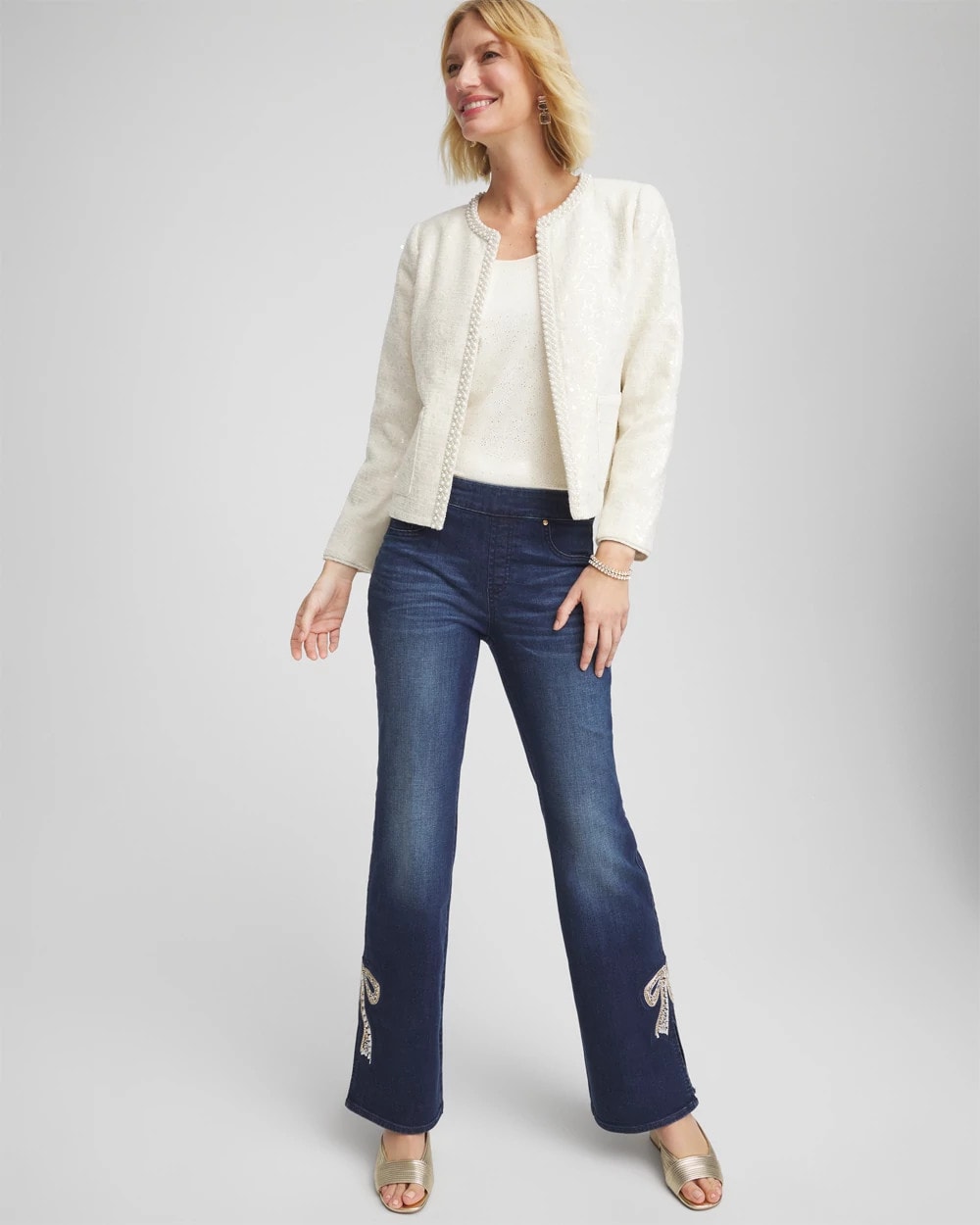 Chico's Online English Cream Pearl Trim Tweed Jacket