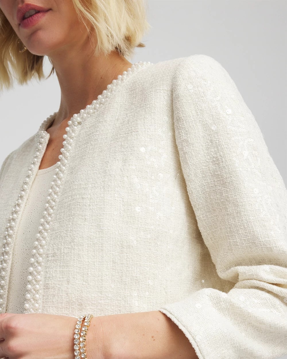 Chico's Online English Cream Pearl Trim Tweed Jacket