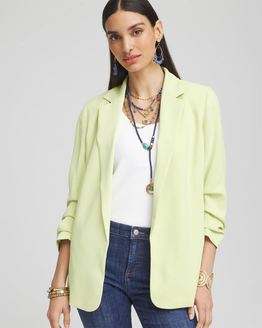 Chico's Outlet Frozen Lime Notched-Lapel Ruched Sleeve Blazer