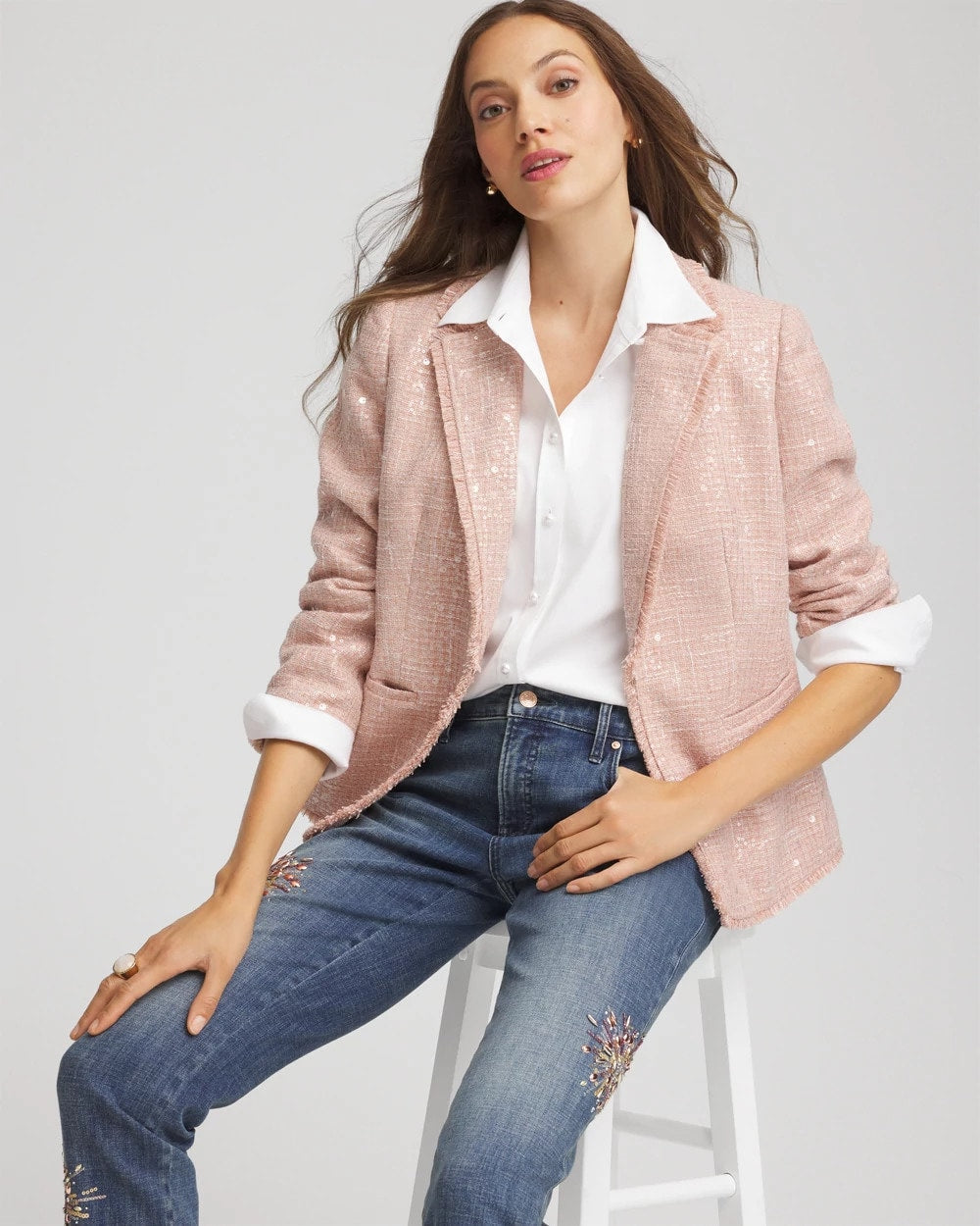 Chico's On Sale Pink Party Tweed Sequins Blazer