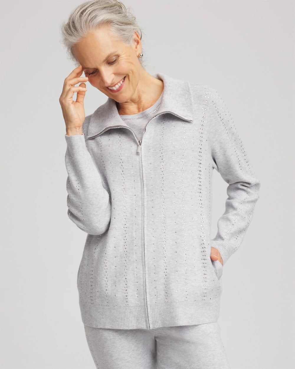 Chico's Outlet Frosted Gray Heather Zenergy® Luxe Diamante Zip Cardigan