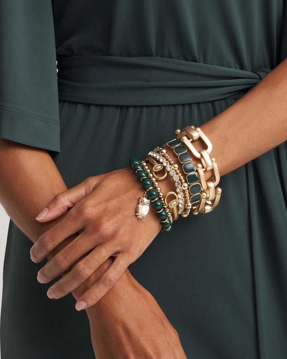 Chico's Sale Darkest Spruce Resin Goldtone Square Stretch Bracelet