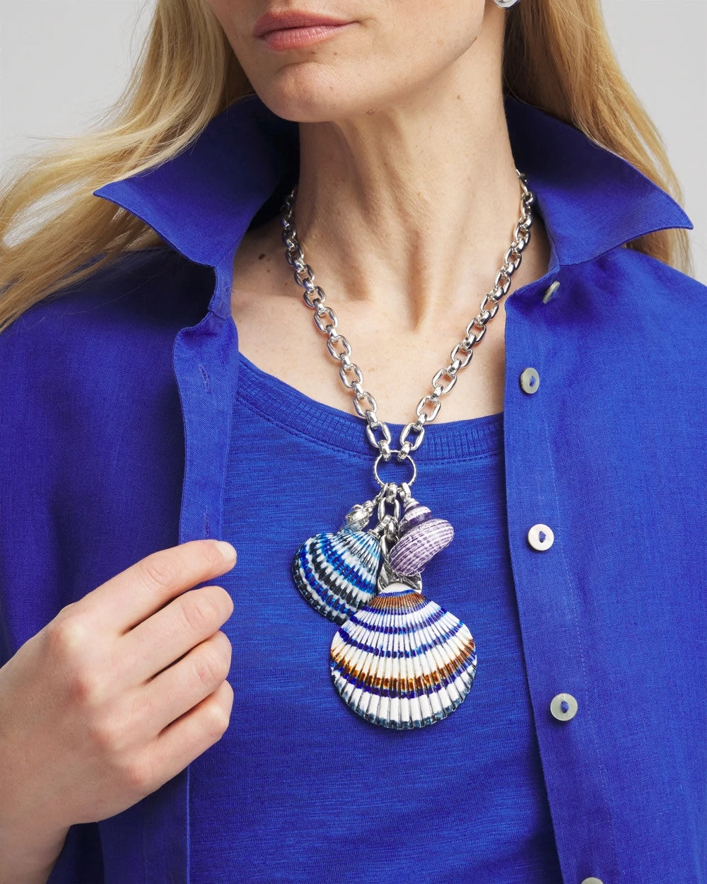 Chico's Outlet Blue And White Silver-Tone Seashell Pendant Necklace