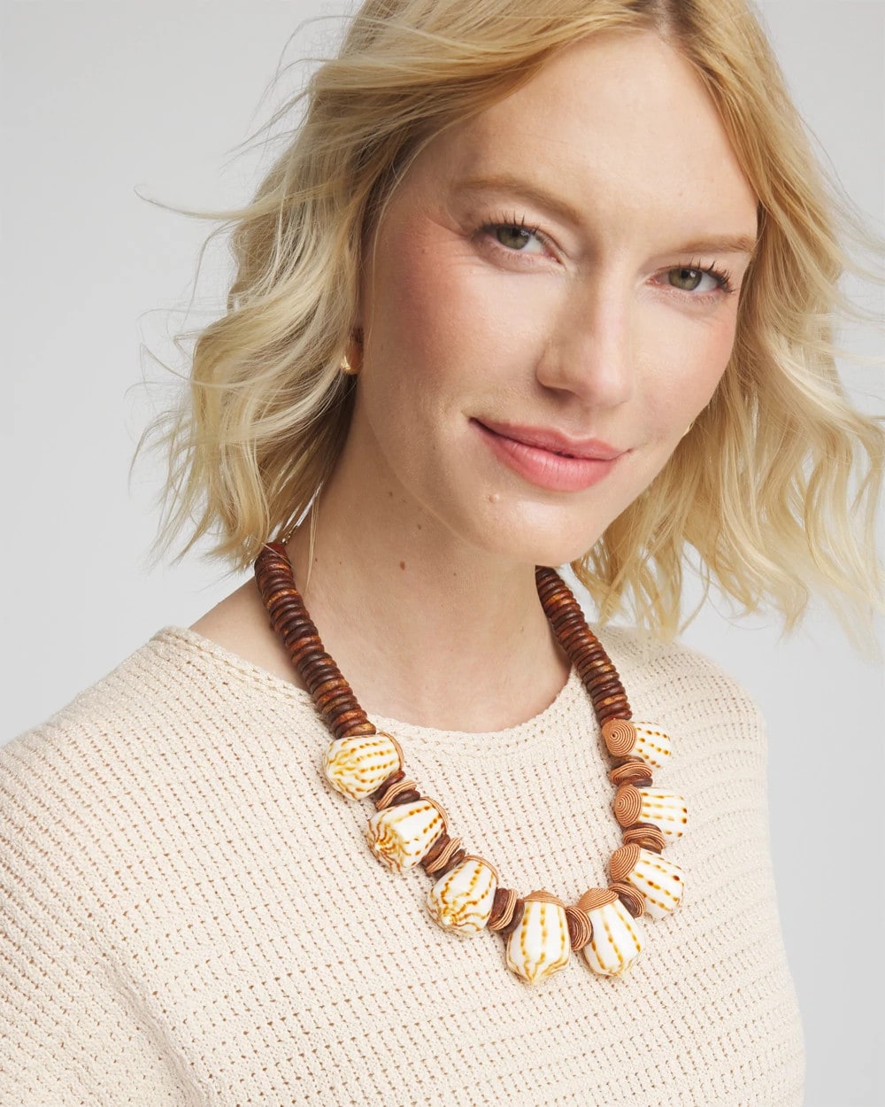 Chico's Discount Neutral Shell & Wood Bib Necklace