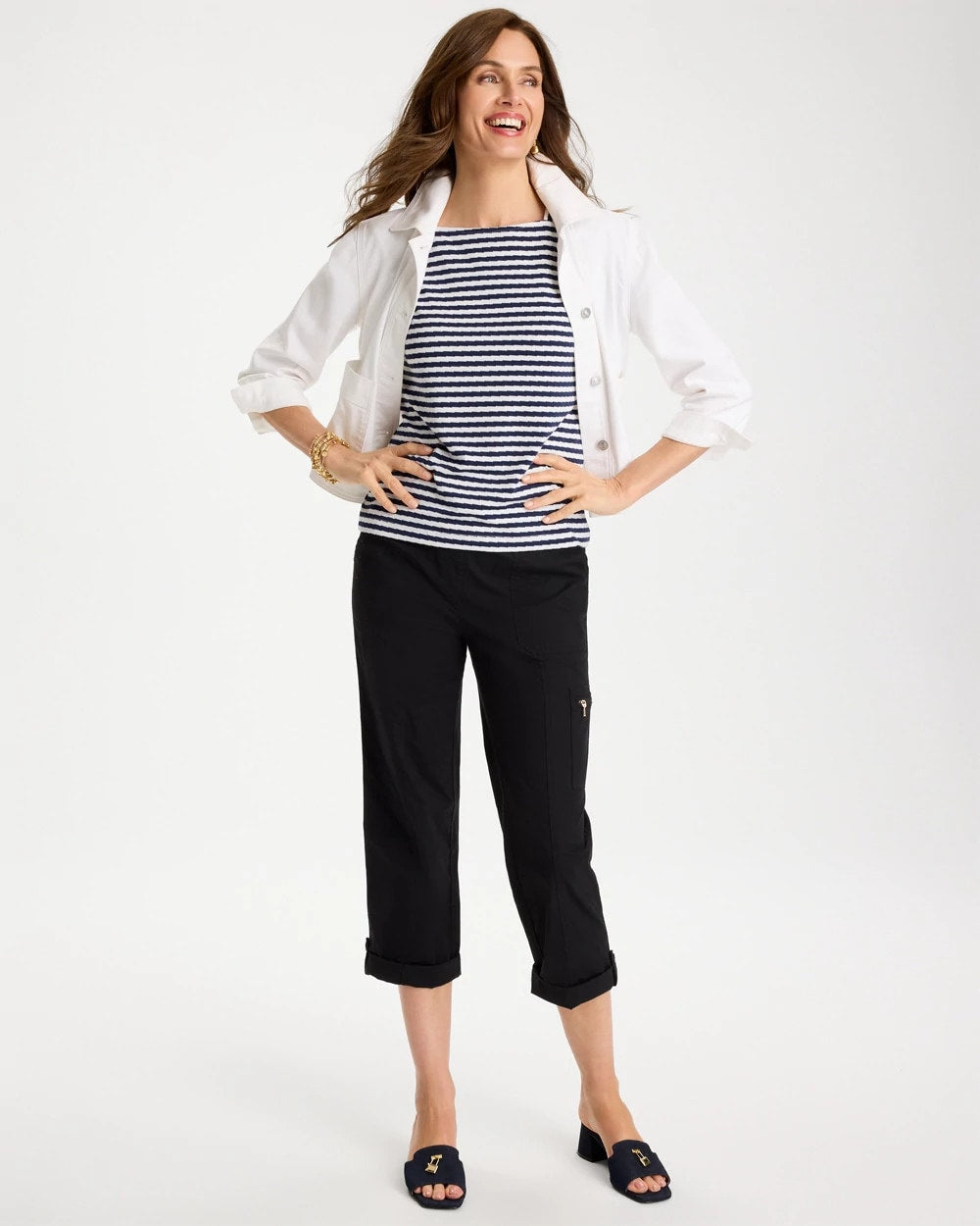 Chico's For Sale Passport Blue Cotton Striped Button Tee