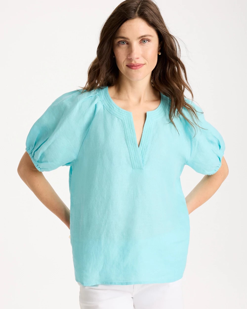 Chico's Discount Bondi Blue Linen Trapunto Popover Top
