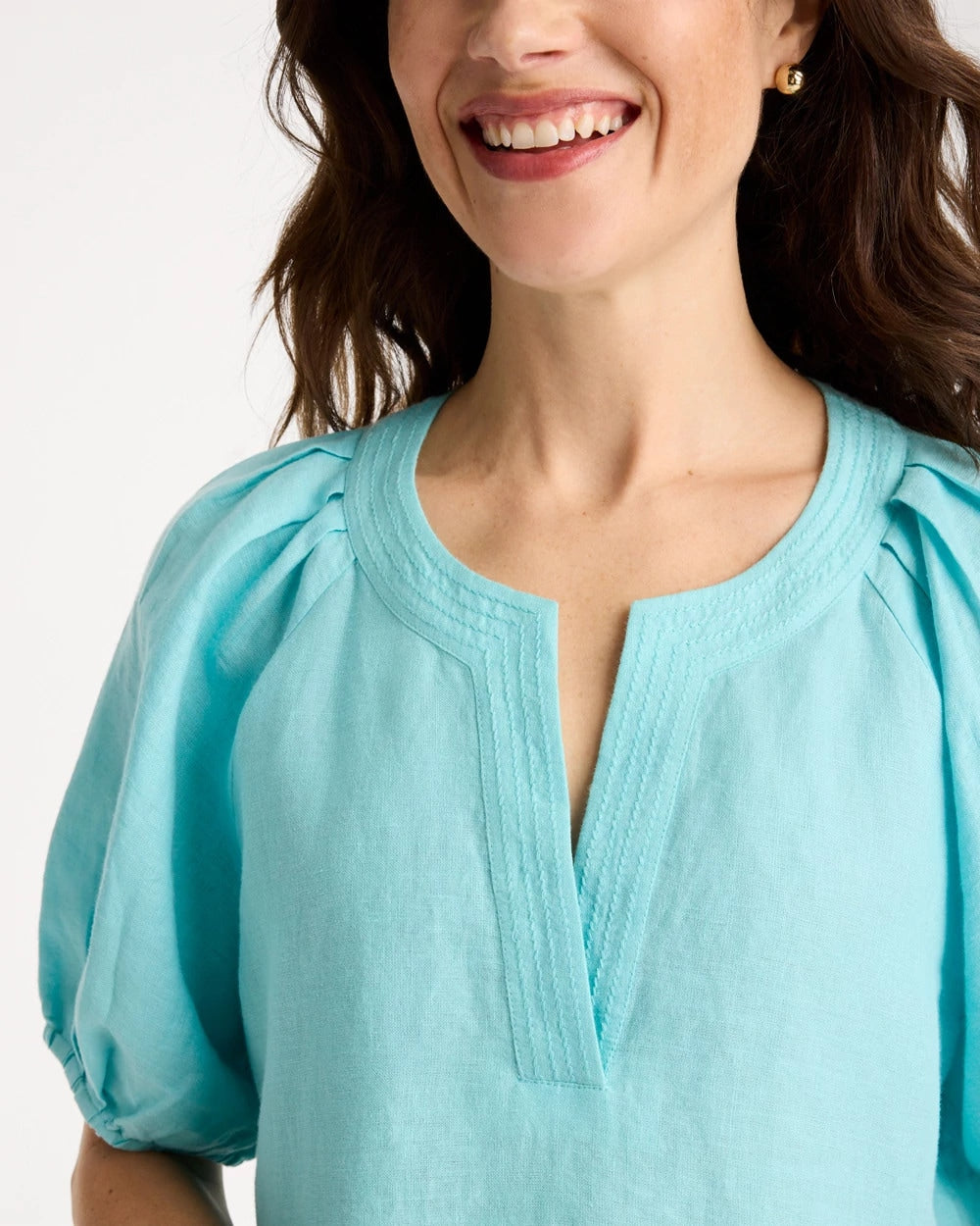 Chico's Discount Bondi Blue Linen Trapunto Popover Top