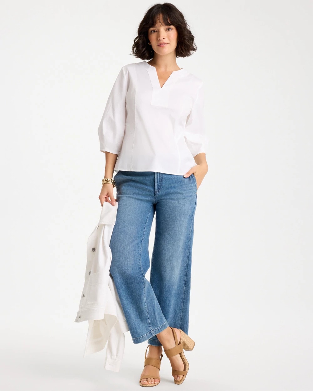 Chico's Outlet Alabaster Poplin Cotton 3/4 Sleeve Popover