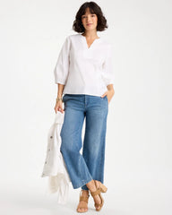 Chico's Outlet Alabaster Poplin Cotton 3/4 Sleeve Popover