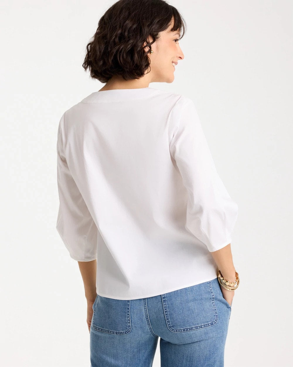 Chico's Outlet Alabaster Poplin Cotton 3/4 Sleeve Popover