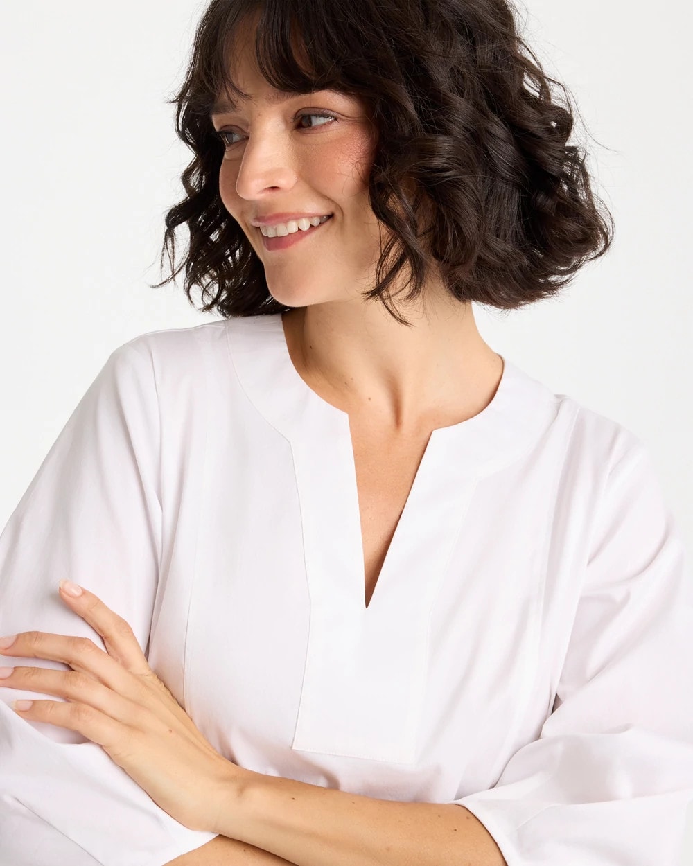 Chico's Outlet Alabaster Poplin Cotton 3/4 Sleeve Popover