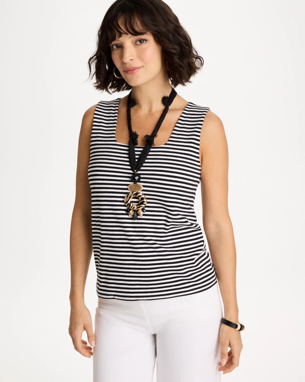 Chico's On Sale Black Striped Contour Cotton™ Square Neck Tank