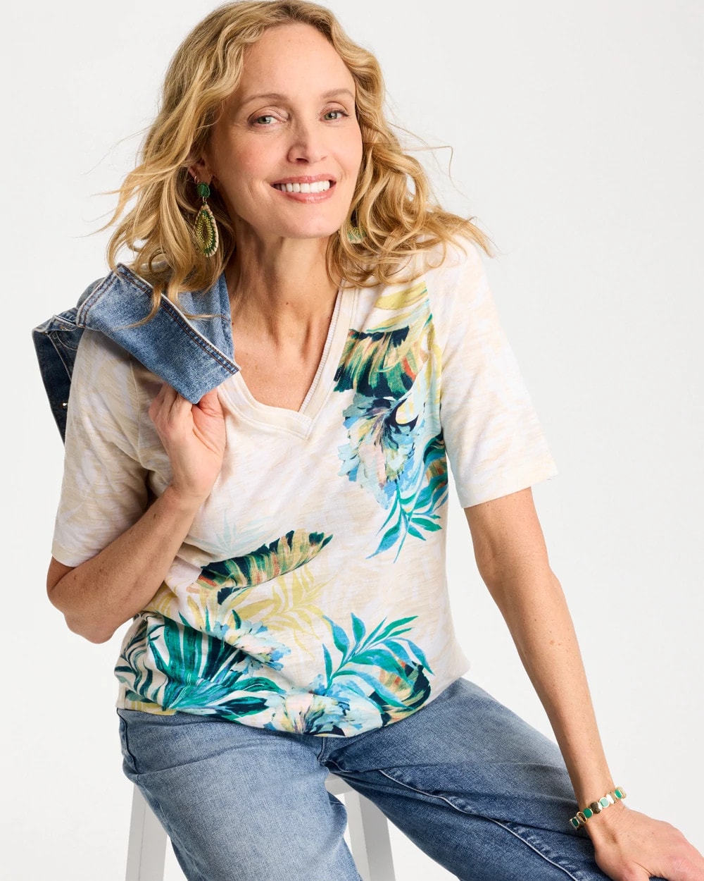 Chico's For Sale Topanga Green Printed Cotton Slub V-Neck Tee