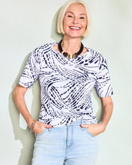 Chico's Online Passport Blue Abstract Pima Elbow Sleeve Tee