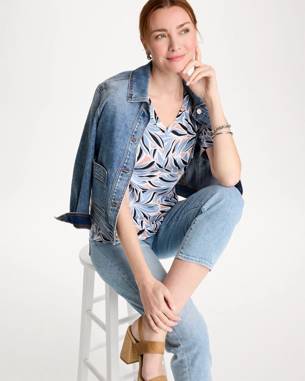Chico's Discount Blue Haven Printed Pima Elbow-Sleeve Tee