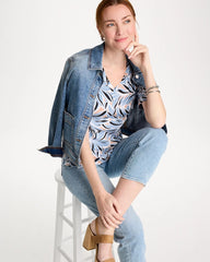 Chico's Discount Blue Haven Printed Pima Elbow-Sleeve Tee