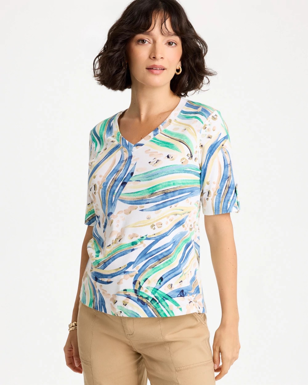 Chico's Outlet Topanga Green Printed Pima Elbow-Sleeve Tee