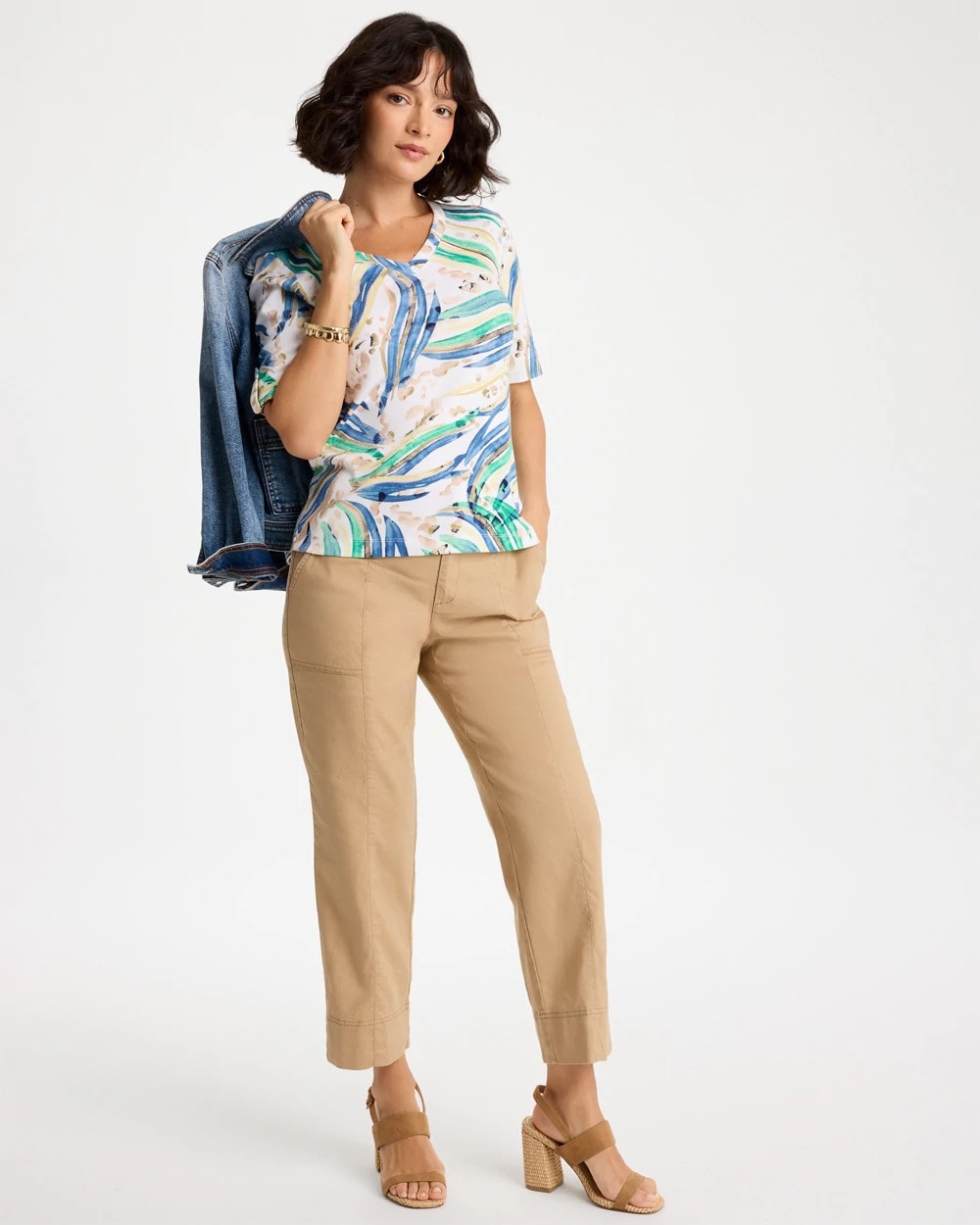 Chico's Outlet Topanga Green Printed Pima Elbow-Sleeve Tee