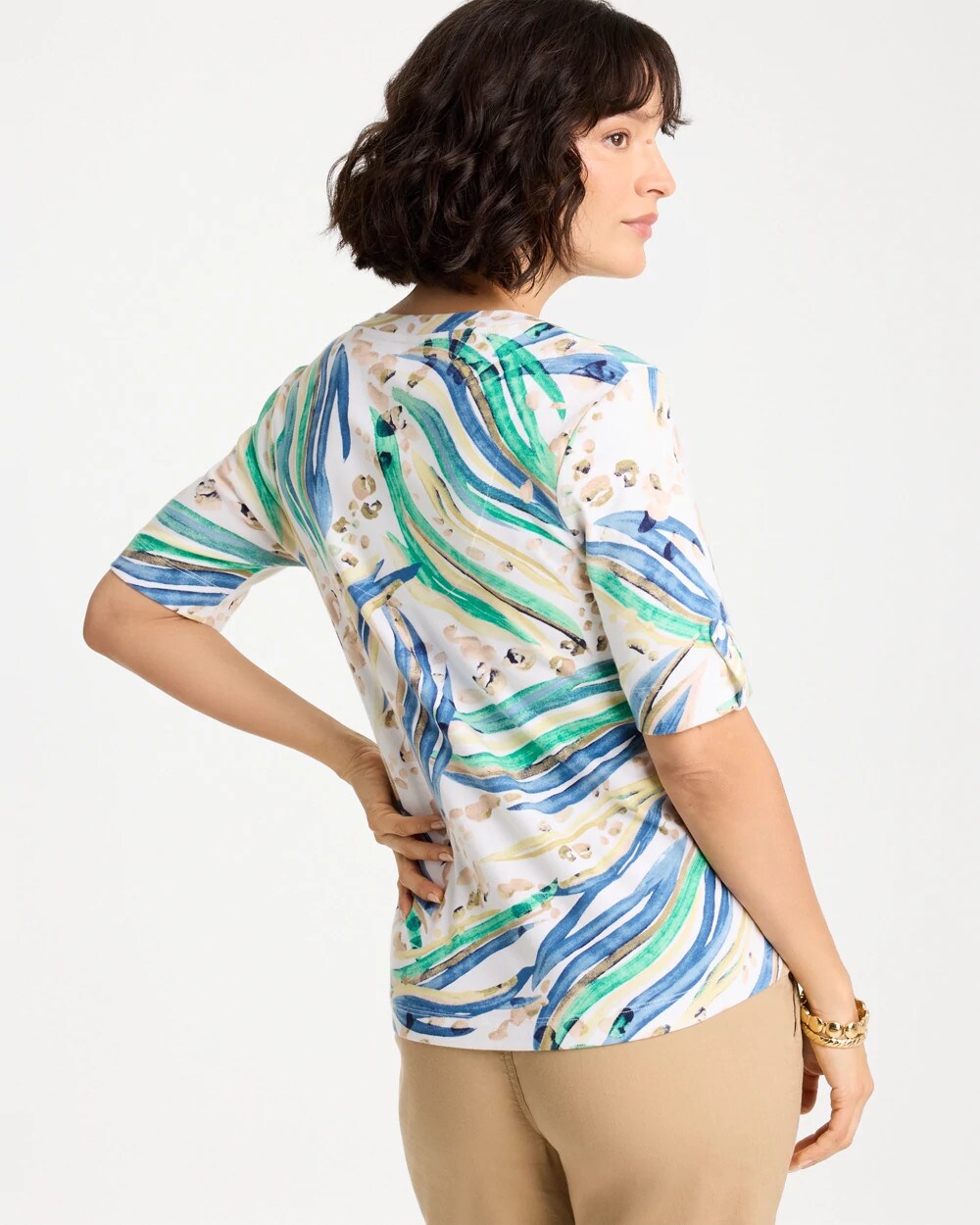 Chico's Outlet Topanga Green Printed Pima Elbow-Sleeve Tee