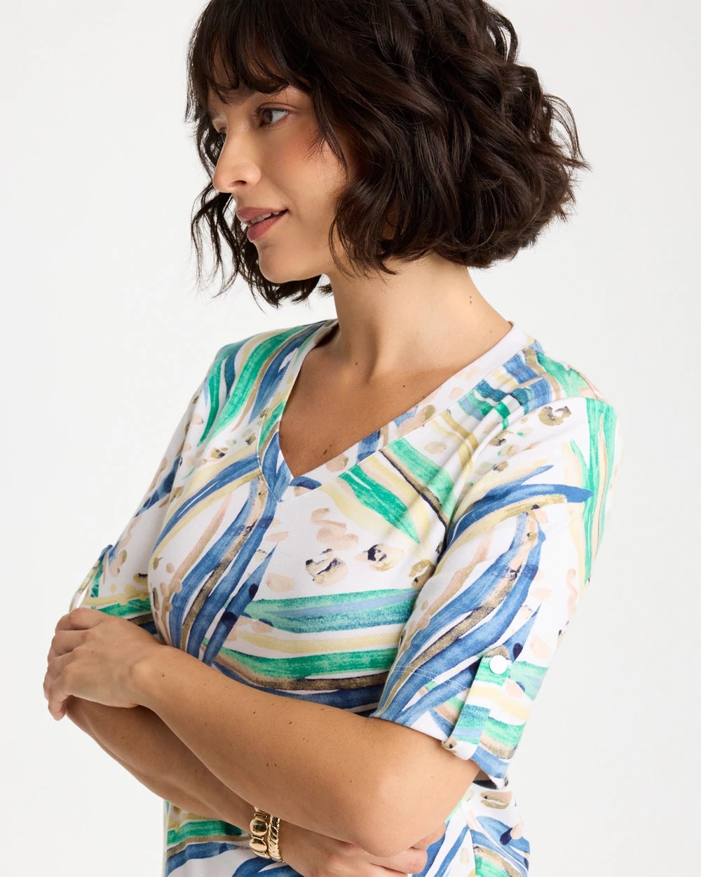 Chico's Outlet Topanga Green Printed Pima Elbow-Sleeve Tee