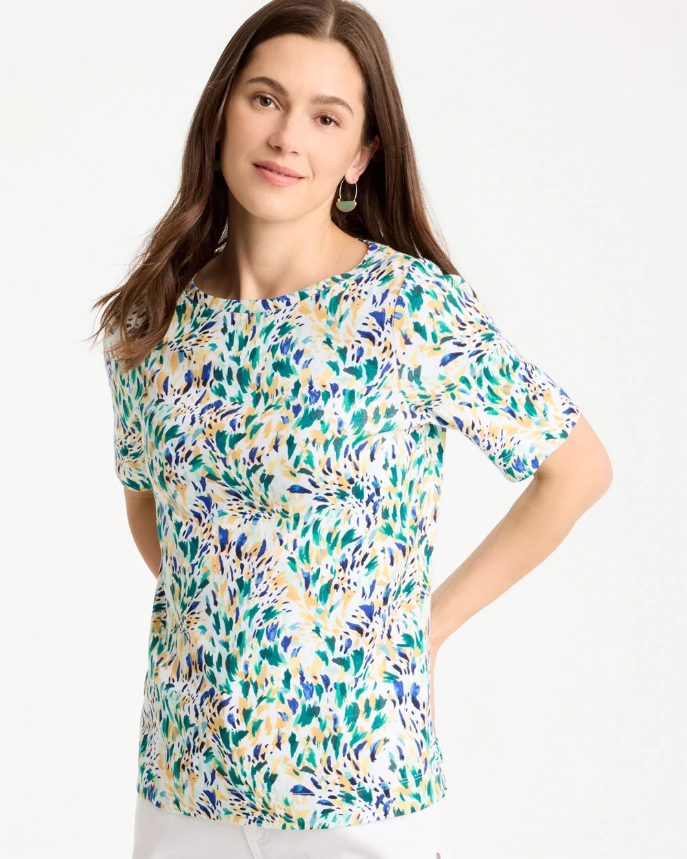 Chico's On Sale Topanga Green Leafy Swamp Pima Elbow Sleeve Tee