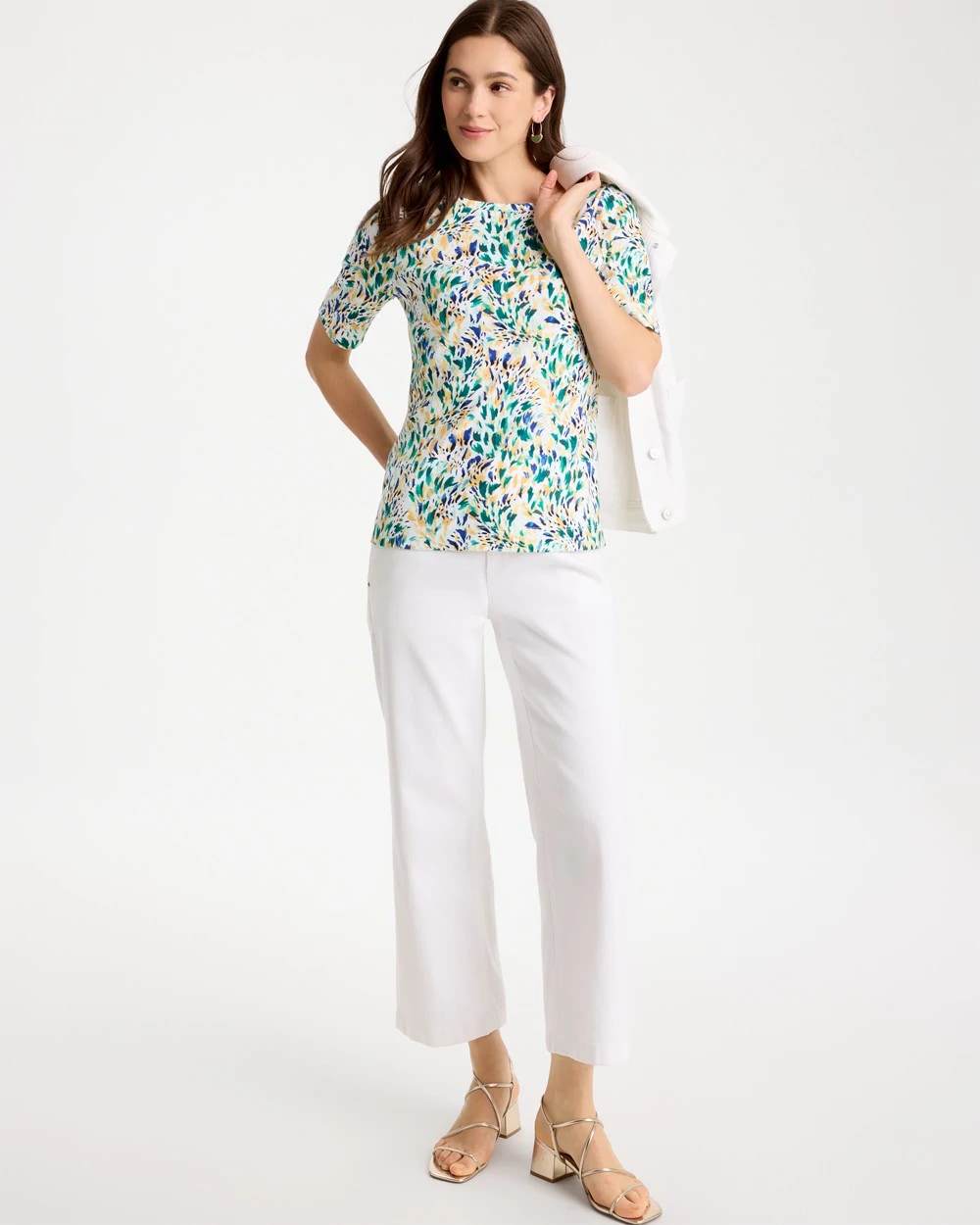 Chico's On Sale Topanga Green Leafy Swamp Pima Elbow Sleeve Tee