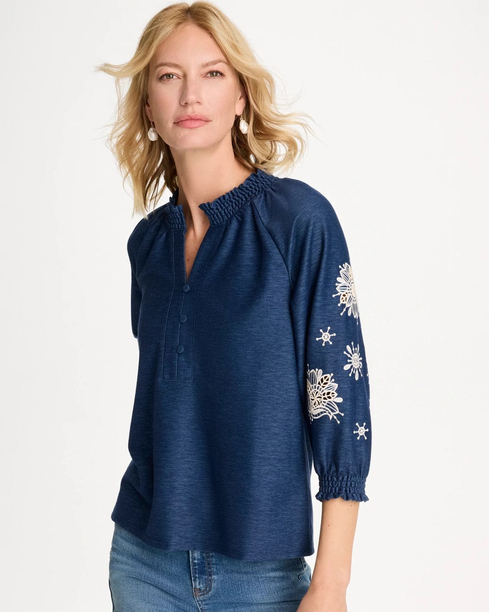 Chico's For Sale Passport Blue Embroidered Denim Henley Tee