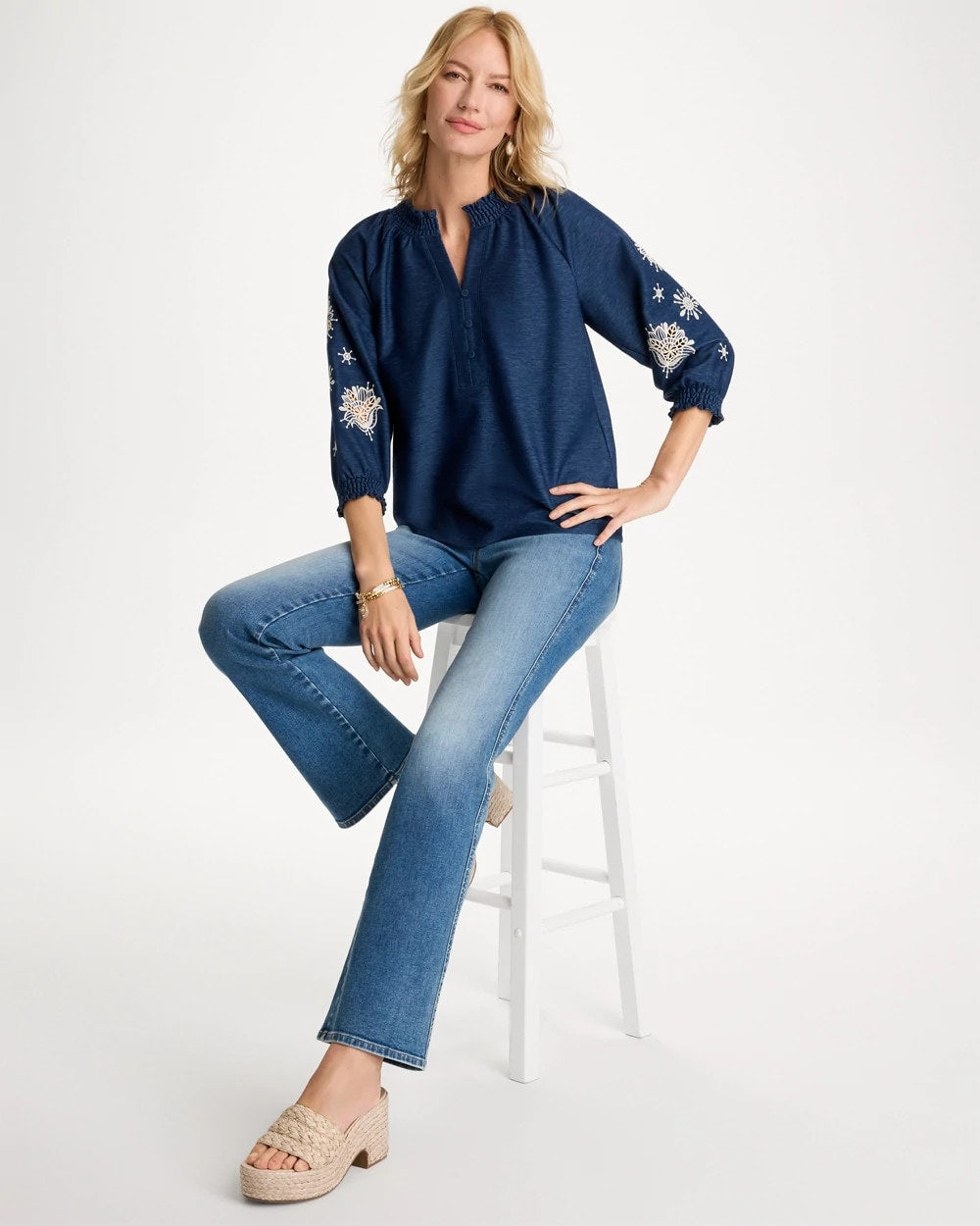 Chico's For Sale Passport Blue Embroidered Denim Henley Tee