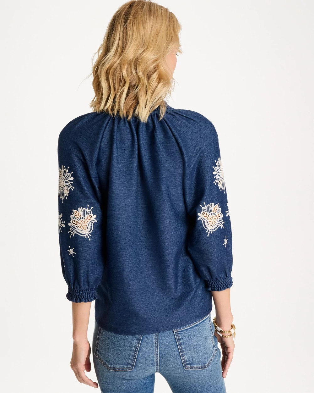 Chico's For Sale Passport Blue Embroidered Denim Henley Tee