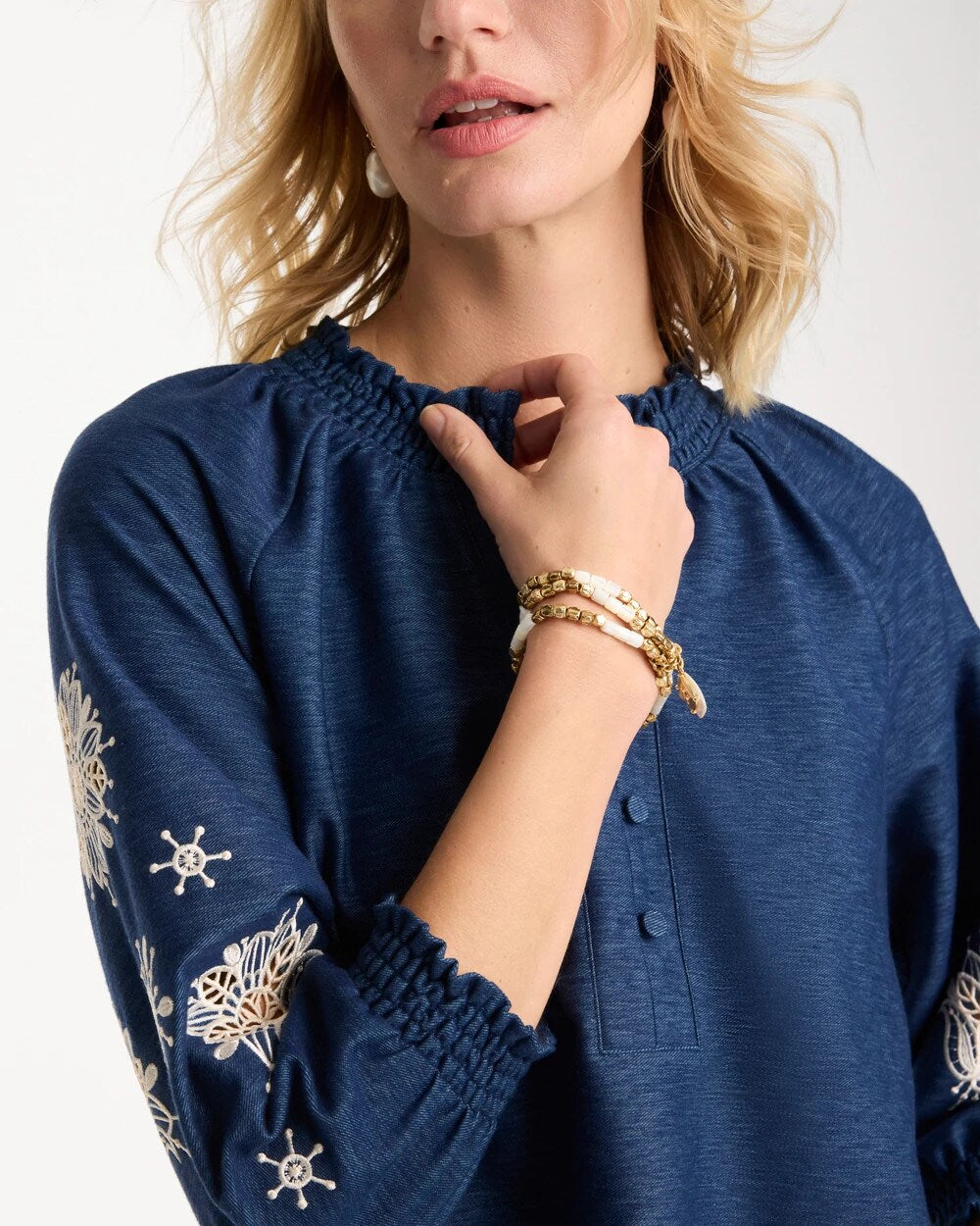Chico's For Sale Passport Blue Embroidered Denim Henley Tee