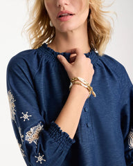 Chico's For Sale Passport Blue Embroidered Denim Henley Tee