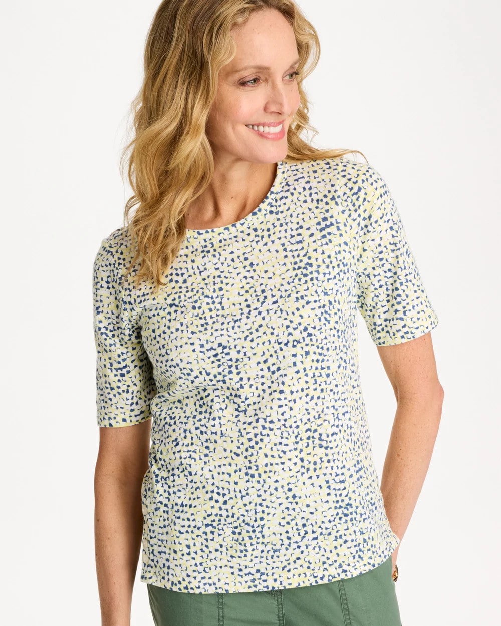 Chico's Outlet Sage Lime Printed Cotton Slub Elbow-Sleeve Tee