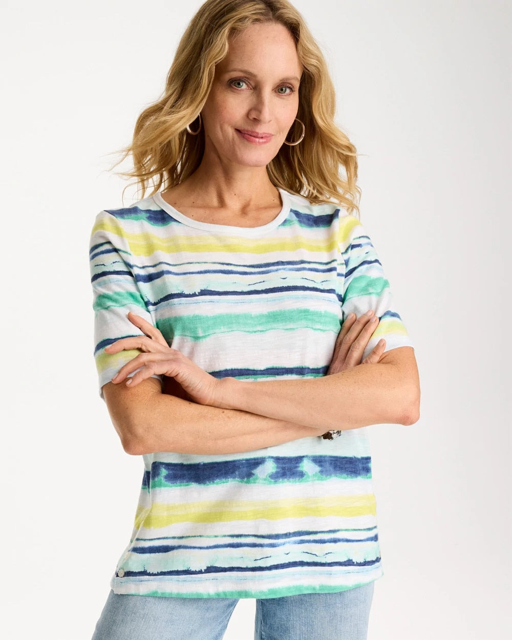 Chico's On Sale Sage Lime Striped Cotton Slub Elbow-Sleeve Tee