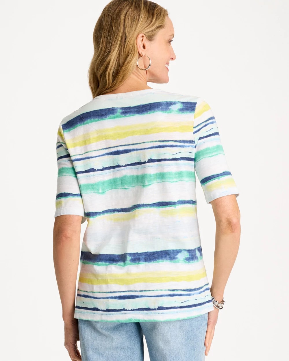 Chico's On Sale Sage Lime Striped Cotton Slub Elbow-Sleeve Tee