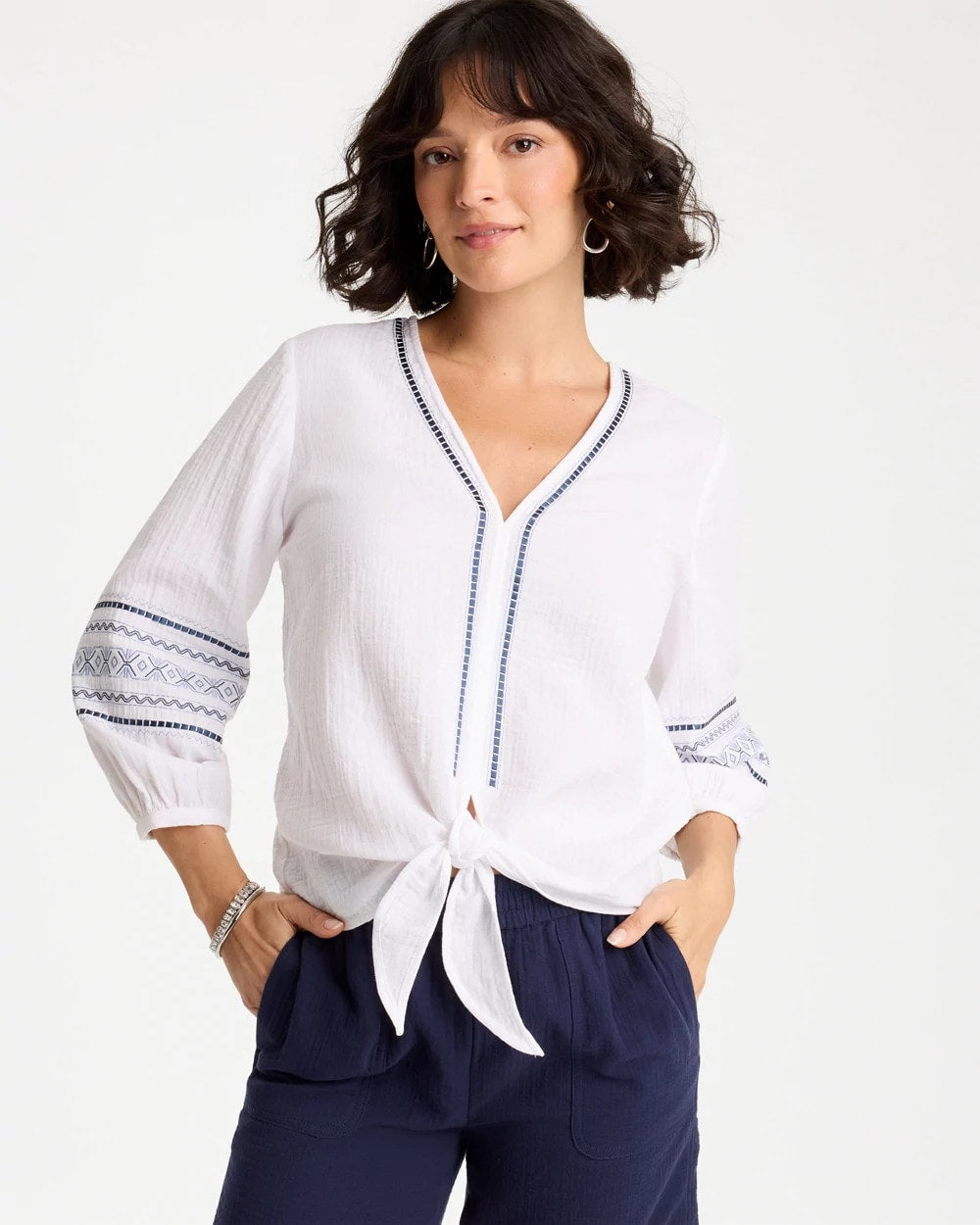 Chico's Online Alabaster Cotton Gauze Embroidered Tie-Front Blouse