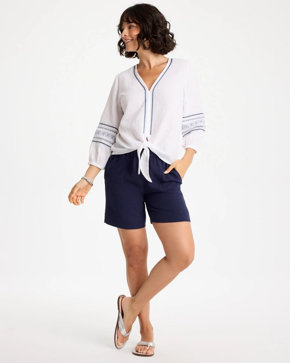 Chico's Online Alabaster Cotton Gauze Embroidered Tie-Front Blouse