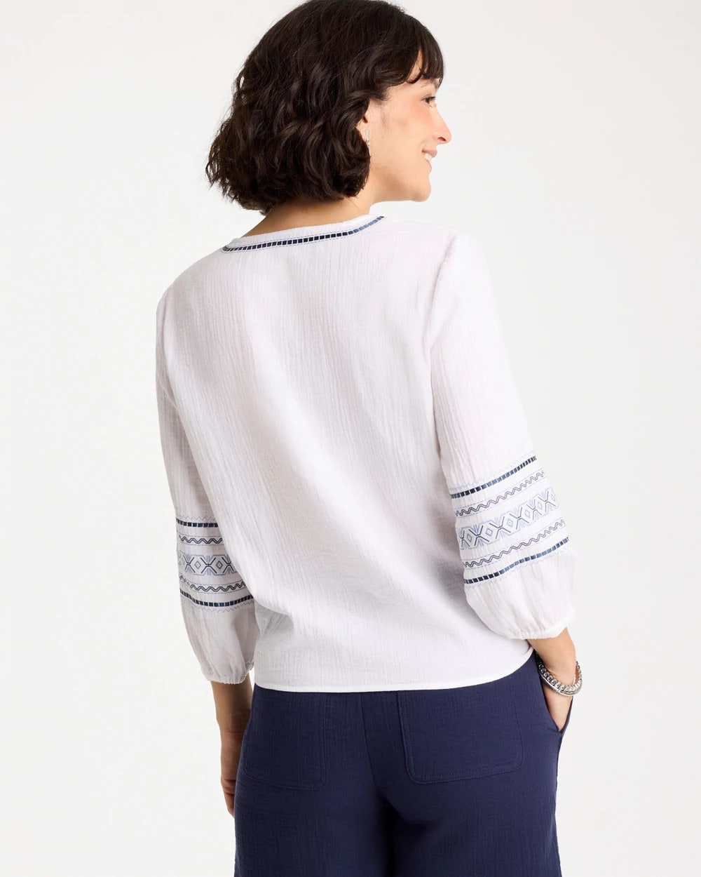 Chico's Online Alabaster Cotton Gauze Embroidered Tie-Front Blouse