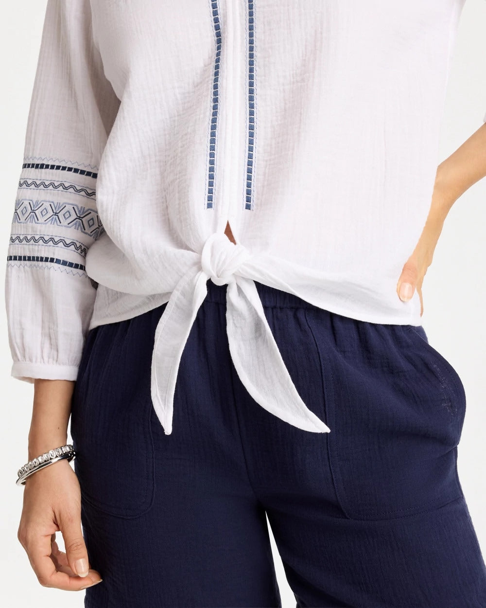 Chico's Online Alabaster Cotton Gauze Embroidered Tie-Front Blouse