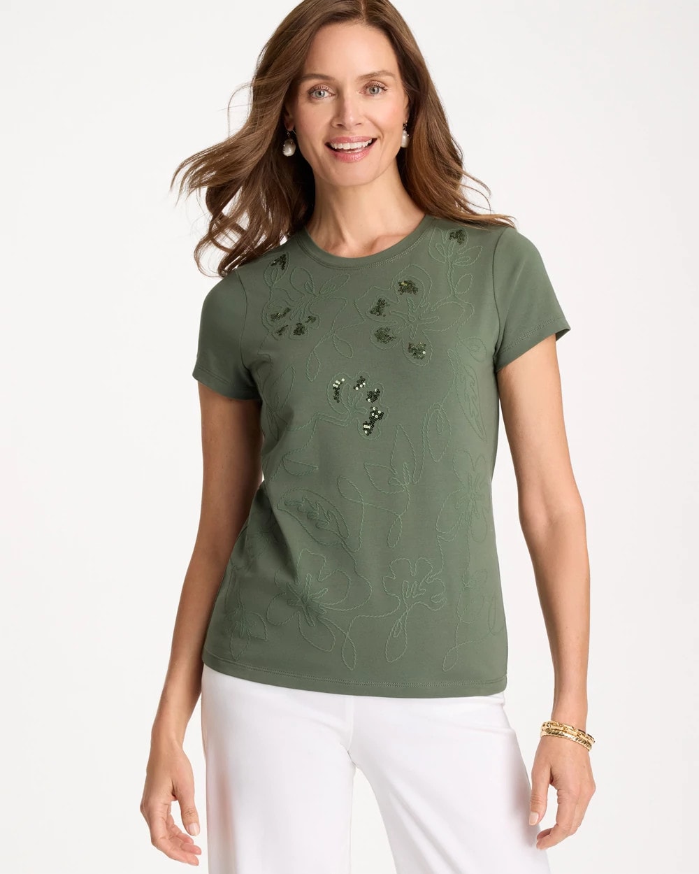 Chico's Discount Kelp Forest Embellished Cotton Stretch Cap-Sleeve Tee