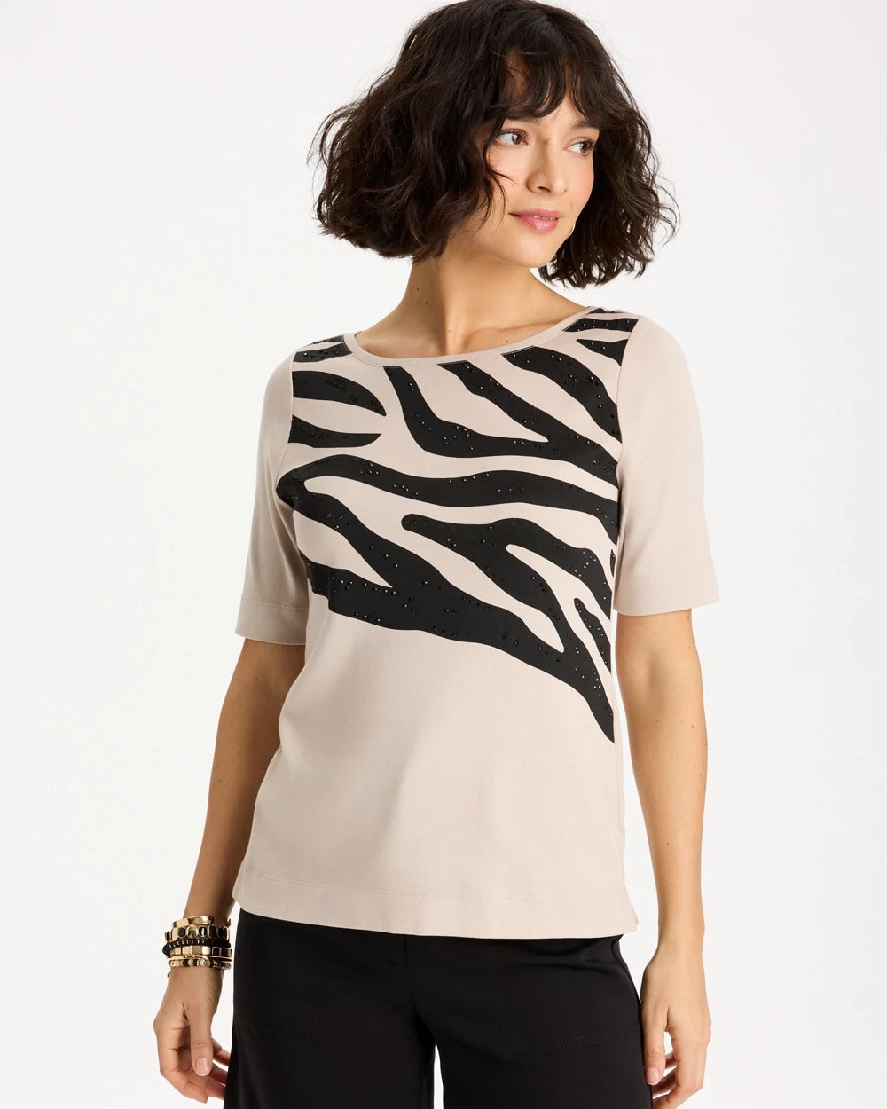 Chico's Sale Smokey Taupe Zebra Pima Elbow Sleeve Tee