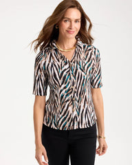 Chico's Outlet Lagoon Blue Tiger Print Textured Camp Tee