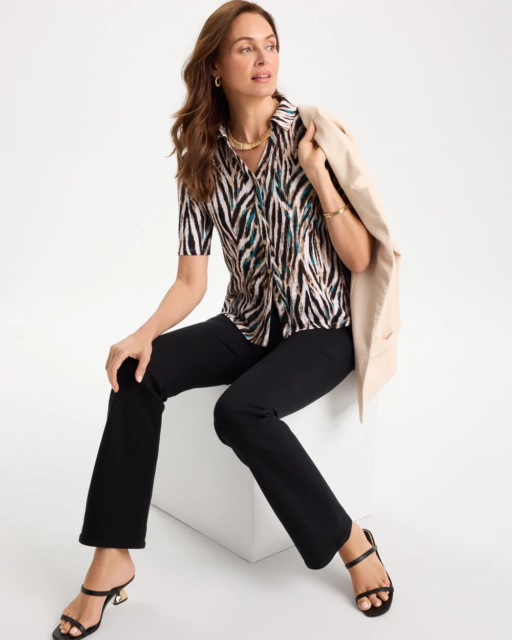 Chico's Outlet Lagoon Blue Tiger Print Textured Camp Tee