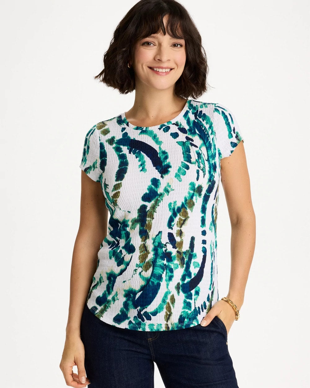 Chico's On Sale Topanga Green Printed Textured Knit Cap Sleeve Tee