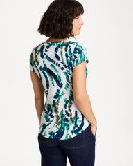 Chico's On Sale Topanga Green Printed Textured Knit Cap Sleeve Tee