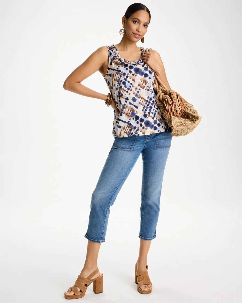 Chico's For Sale Passport Blue Printed Jersey Satin Tank Top