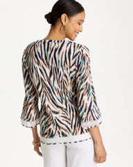 Chico's Online Lagoon Blue Tiger Linen Crochet Lace Tee