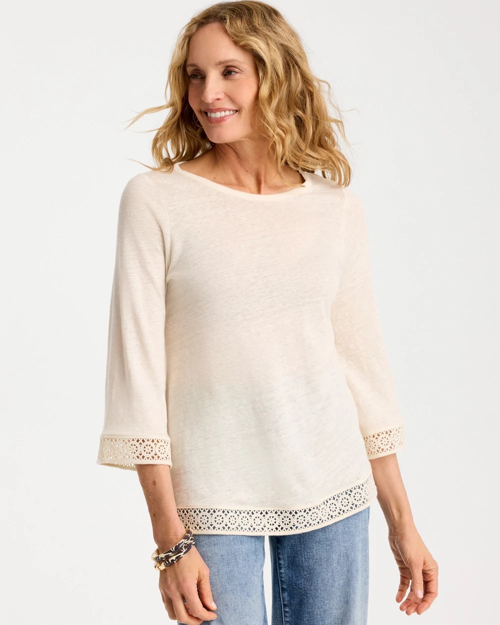 Chico's Discount Natural Cream Linen Crochet Lace Tee