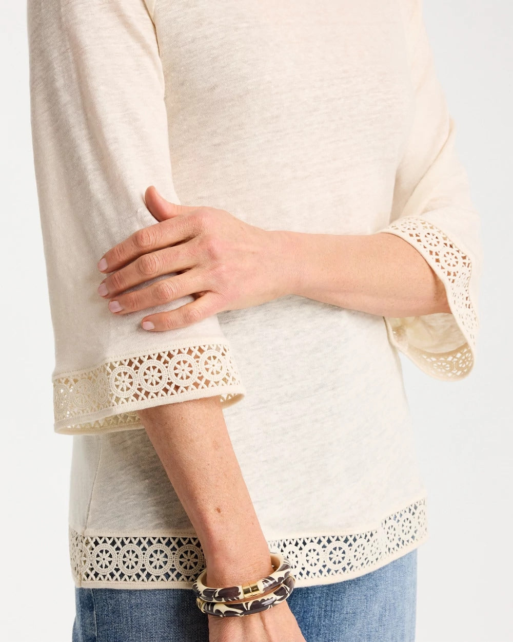 Chico's Discount Natural Cream Linen Crochet Lace Tee